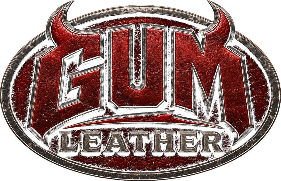 GUM Leather emblem: red tooled leather with horned GUM lettering